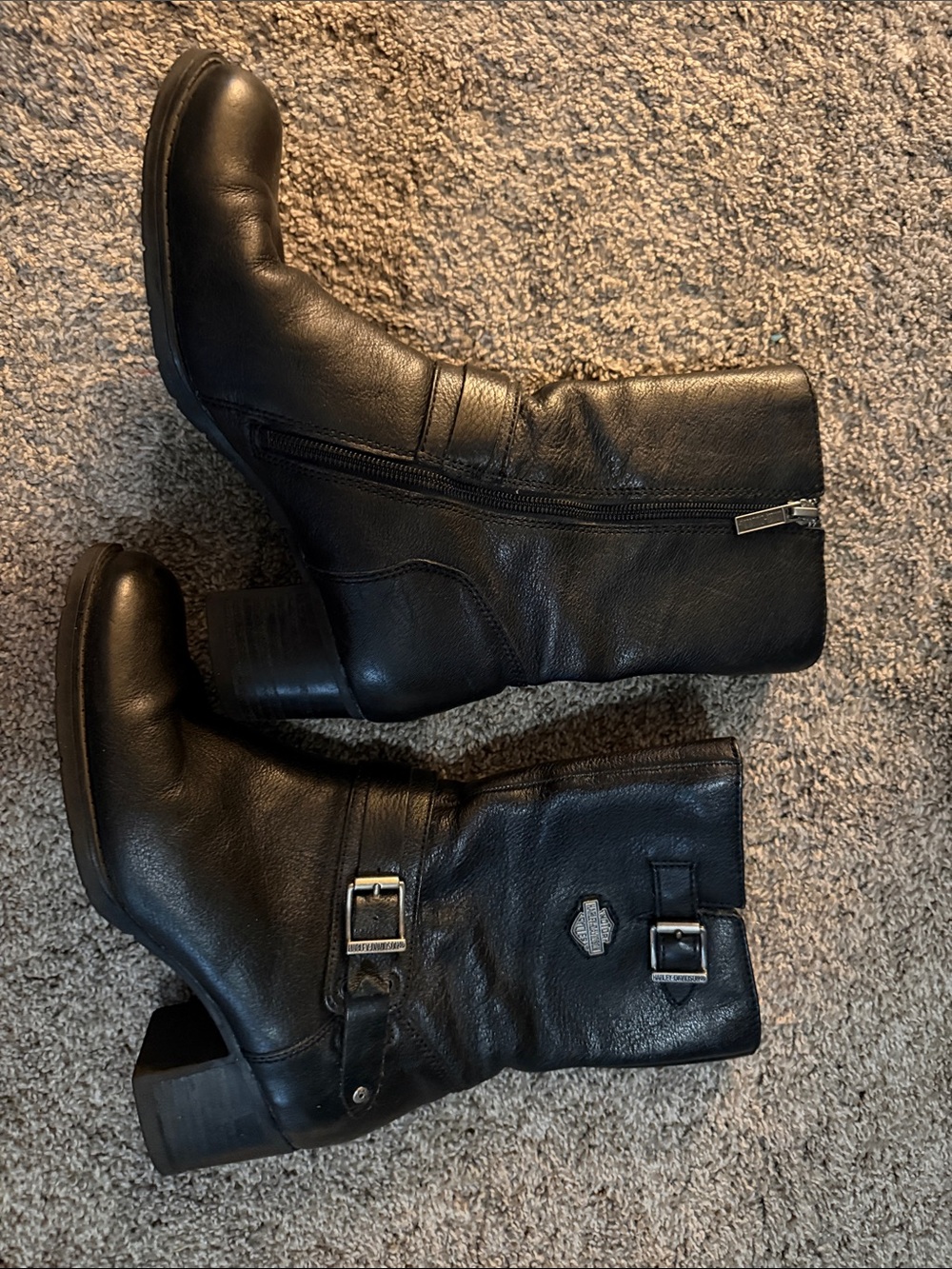 Harley-Davidson Black Leather Mid-Calf Heeled Boots with Buckles
